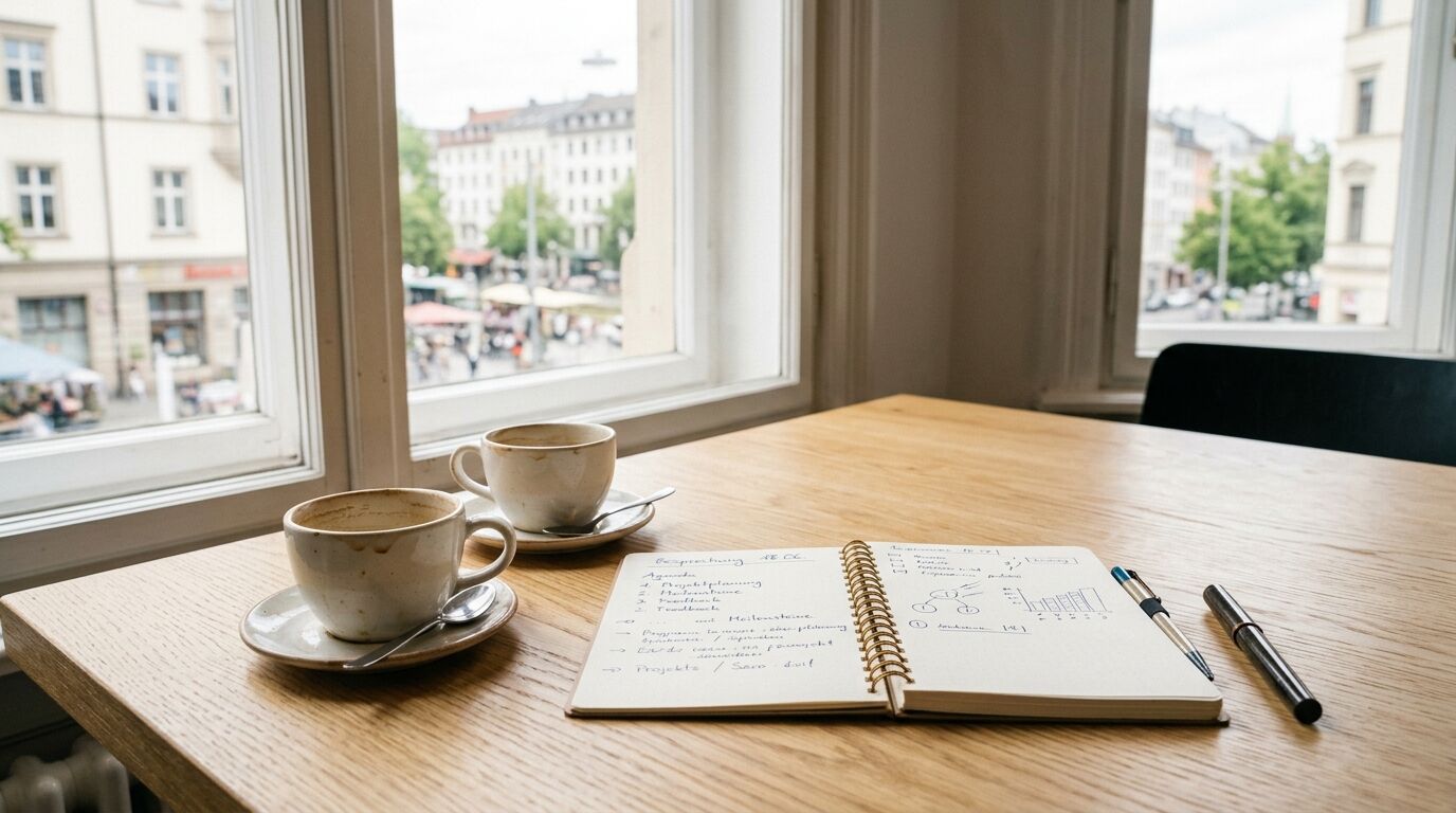 Zwei Kaffeetassen, Notizbuch und Stifte auf Holztisch vor offenem Fenster mit Stadtblick
