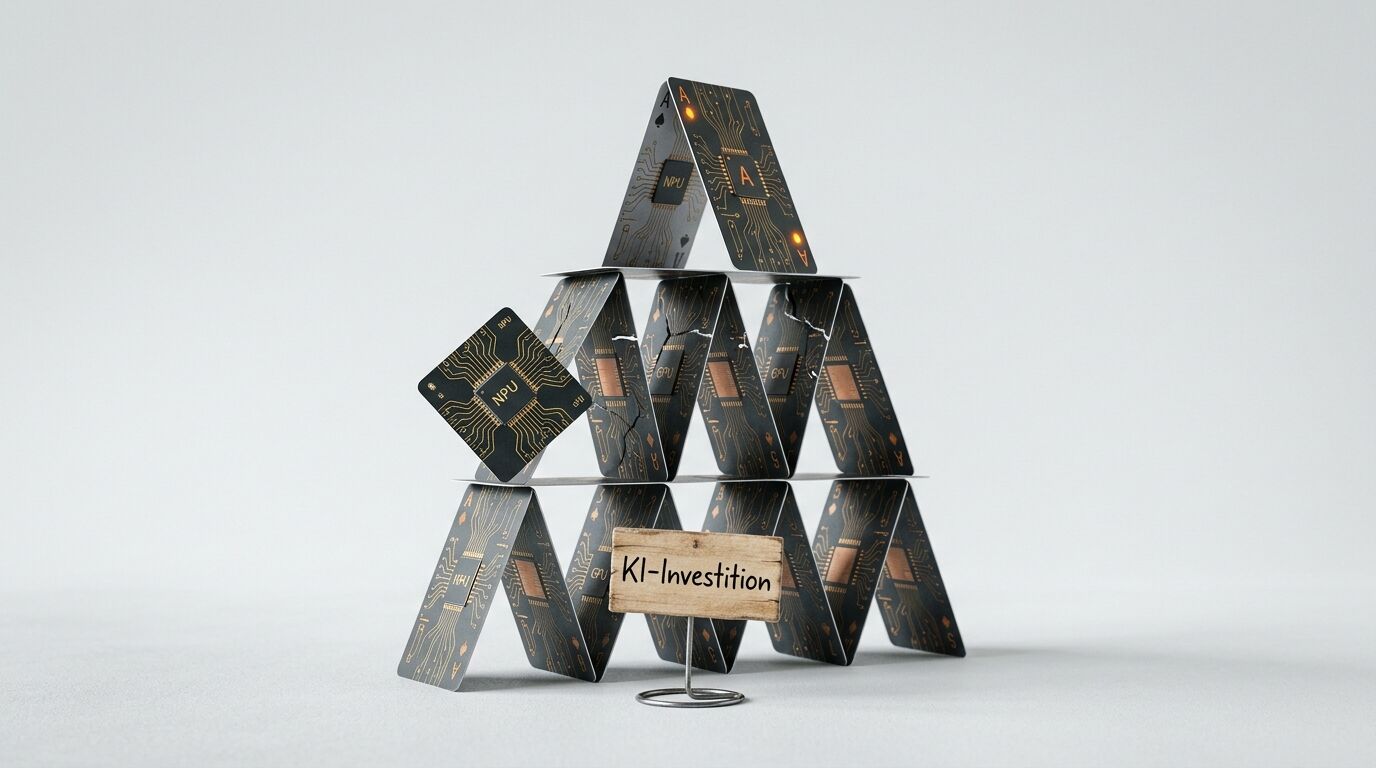Kartenhaus aus Computerchips mit Schild