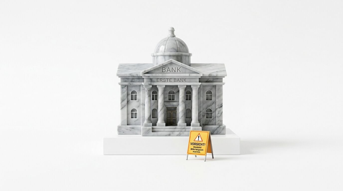 Modell einer Marmorbank mit der Aufschrift „Erste Bank“ und einem gelben Warnschild davor