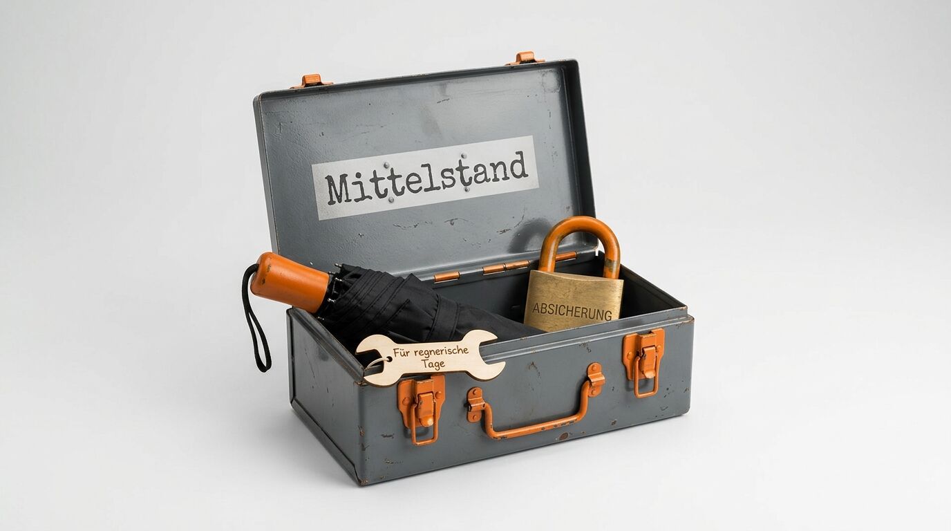 Offener Werkzeugkasten mit Regenschirm, Vorhängeschloss, Schraubenschlüssel-Anhänger und Schriftzug „Mittelstand“