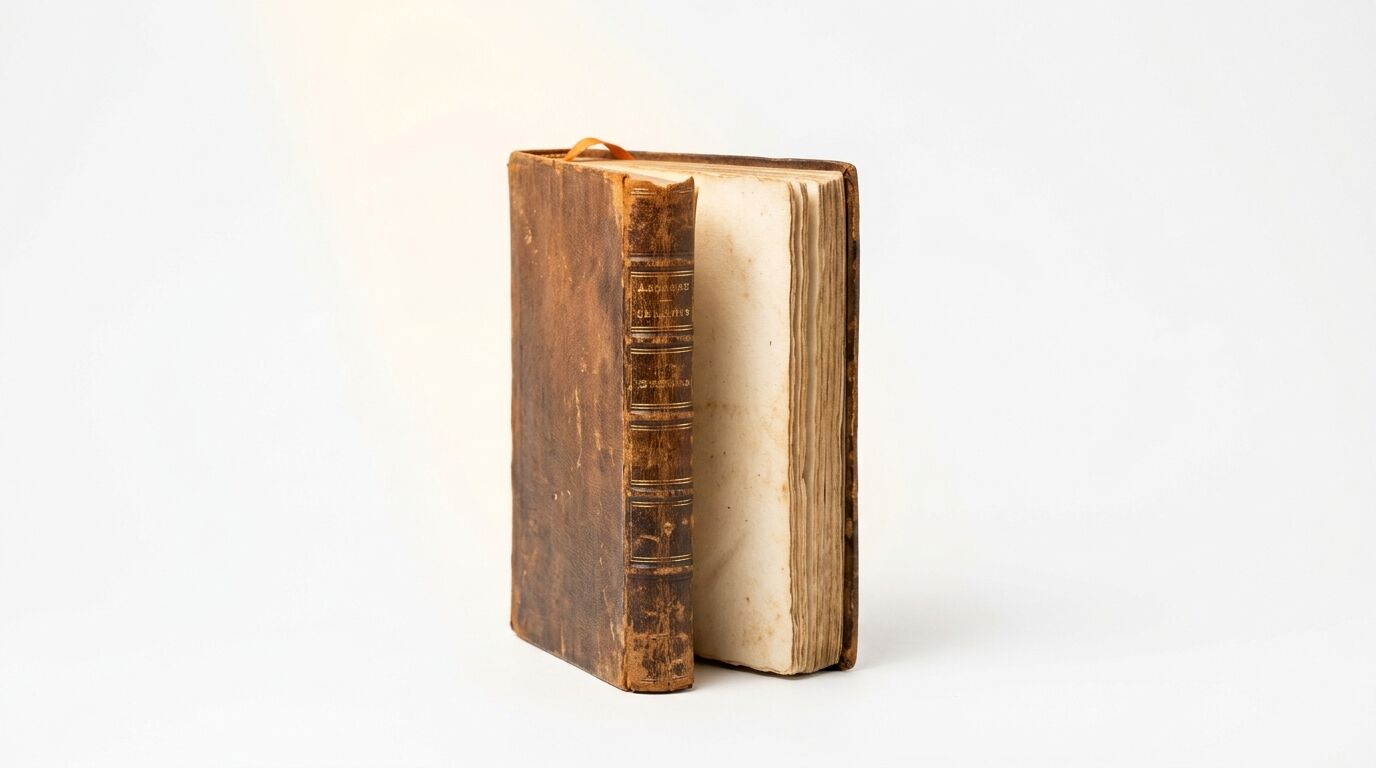 Altes Buch mit abgenutztem Ledereinband und goldenen Verzierungen auf weißem Hintergrund