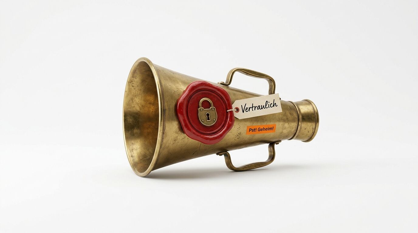 Messing-Megafon mit rotem Wachssiegel und Etikett „Vertraulich“