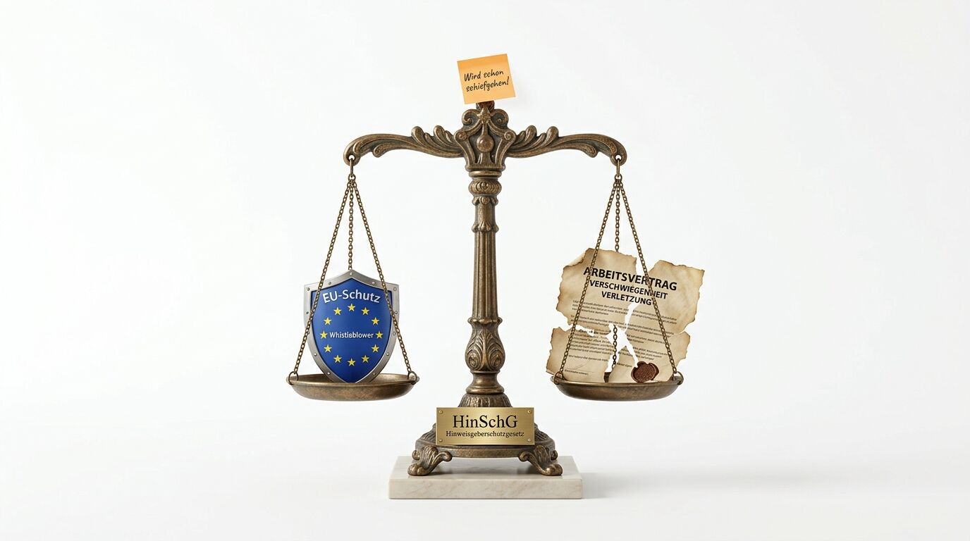 Balkenwaage mit EU-Schutz-Schild gegen zerrissenen Arbeitsvertrag auf HinSchG-Sockel