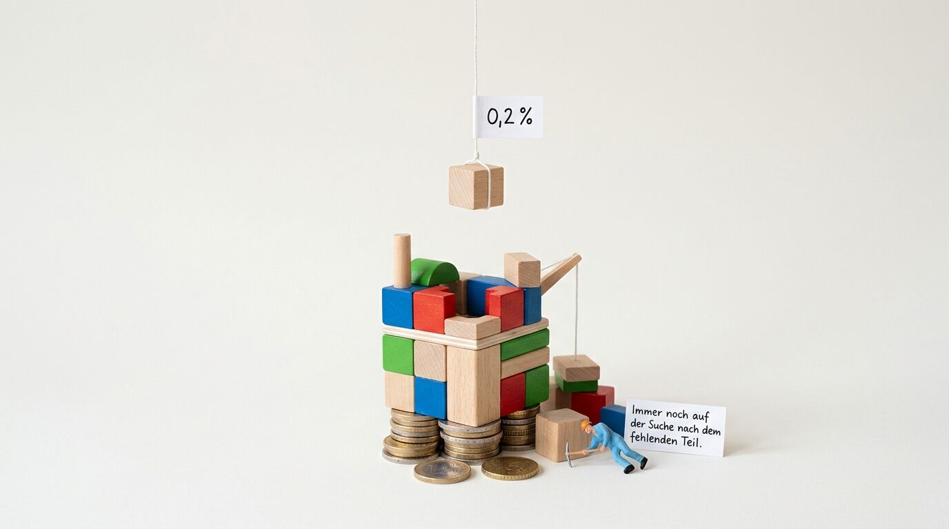 Bauwerk aus Holzklötzen auf Münzstapeln, darüber Holzteil an Schnur mit 0,2 %-Schild