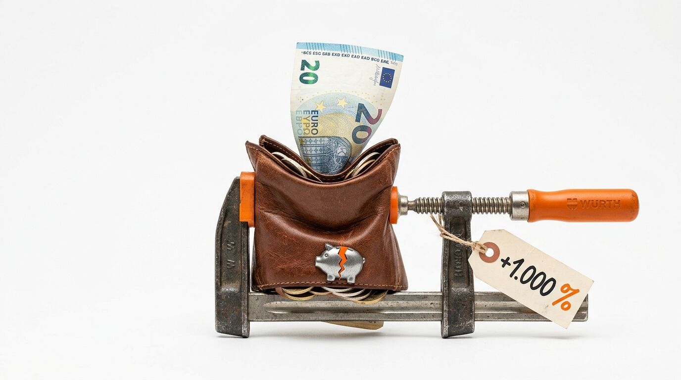 Geldbörse in Schraubzwinge mit +1.000 % Preisschild