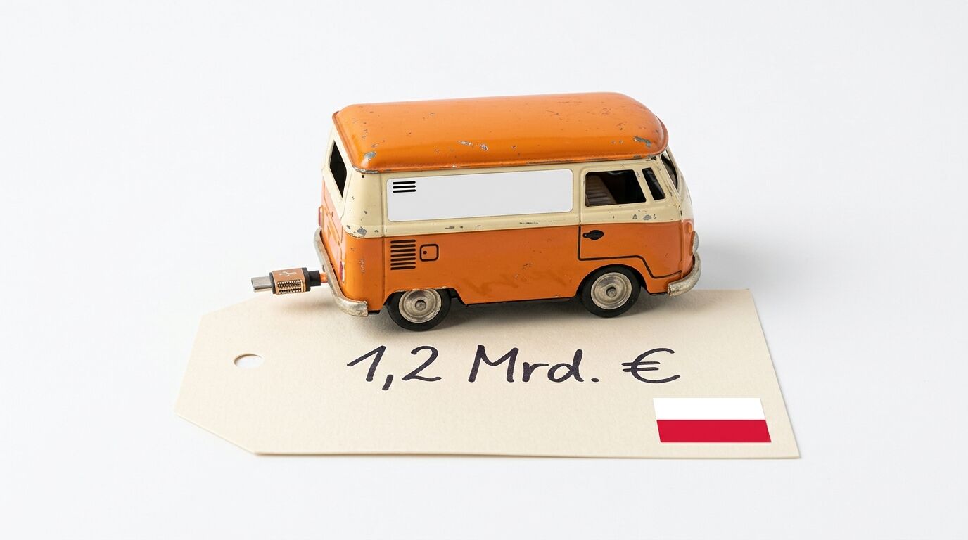 Modellauto mit USB-Stecker auf Preisschild mit 1,2 Mrd. € und polnischer Flagge