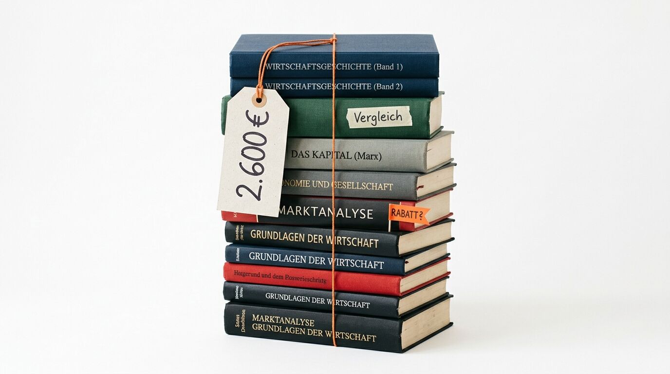 Bücherstapel mit Preisschild 2.600 €, Markierung „Vergleich“ und „RABATT?“ auf weißem Grund