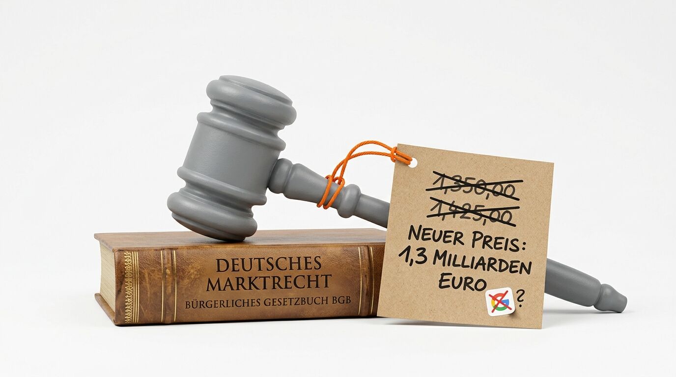 Ein Richterhammer auf Gesetzbüchern mit einem Preisschild, das 1,3 Milliarden Euro anzeigt
