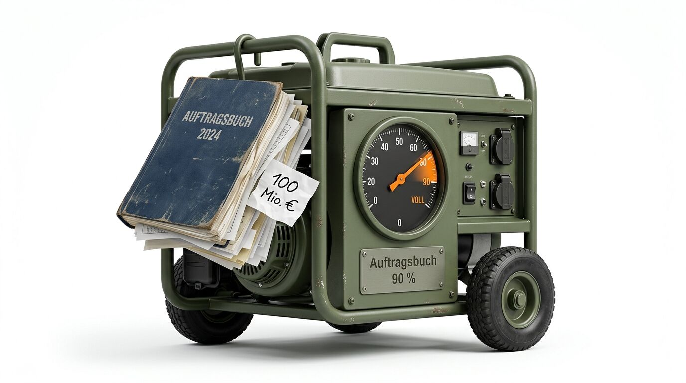 Ein Stromgenerator mit der Aufschrift „Auftragsbuch 2024“ und einem Preisschild von 100 Mio. €