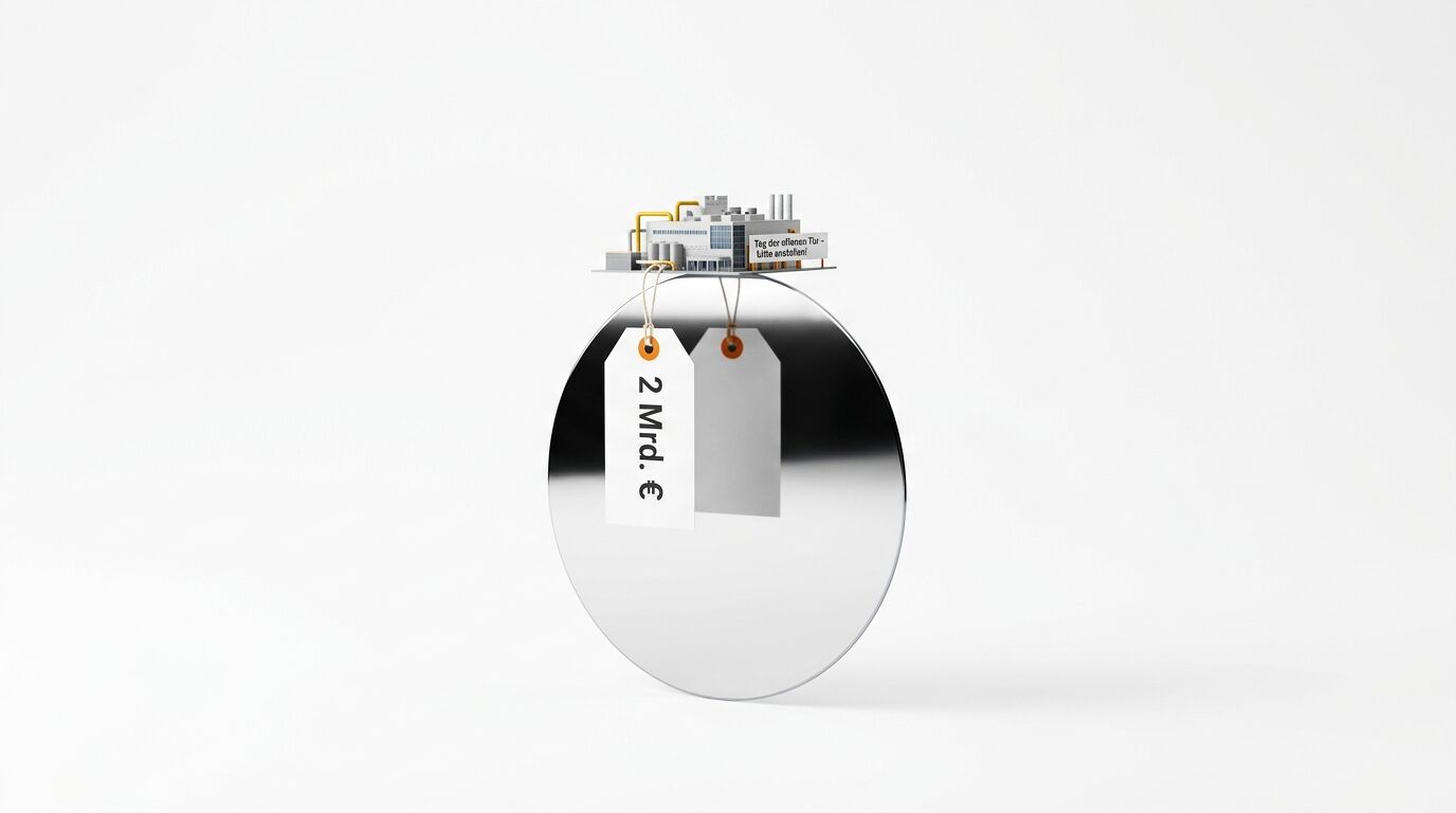 Eine Modellanlage einer Industrieanlage, die auf einer reflektierenden Metallscheibe steht, mit einem Etikett, auf dem „2 Mrd. €“ steht