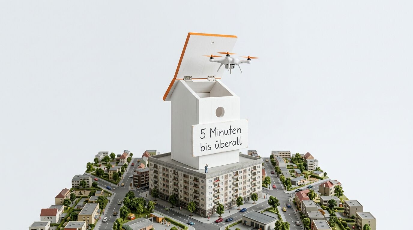 Modellstadt mit Vogelhaus-Drohnenlandeplatz und Textschild vor weißem Hintergrund