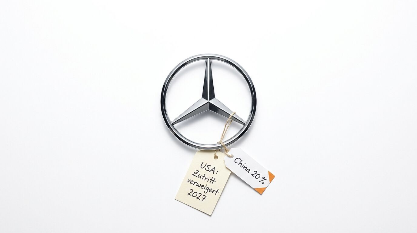 Mercedes-Stern mit zwei Schildern: „USA: Zutritt verweigert 2027“ und „China 20%“