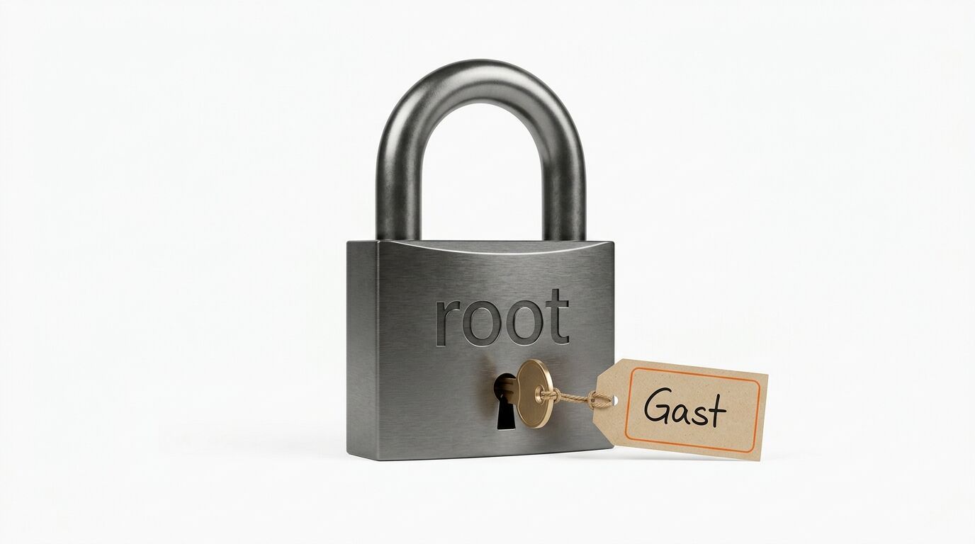 Ein Vorhängeschloss mit Aufschrift root und Schlüssel mit Anhänger Gast