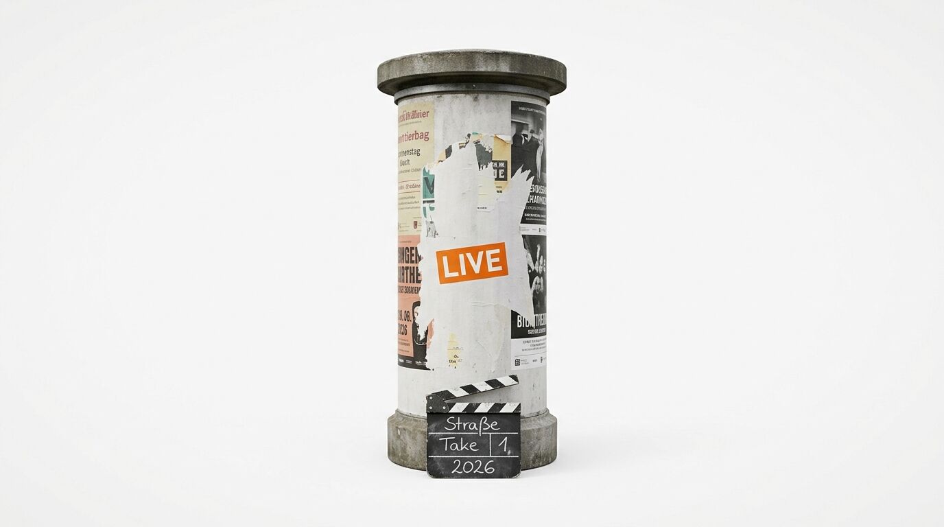 Alte Litfaßsäule mit Plakaten, mittig oranger Aufkleber „LIVE“, davor Filmklappe
