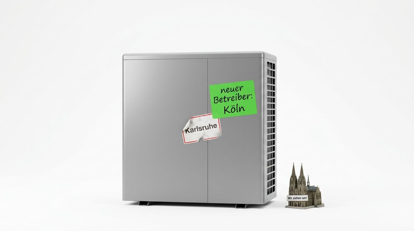 Graues Außengerät mit Aufklebern (Karlsruhe/Köln), rechts kleines Kölner-Dom-Modell