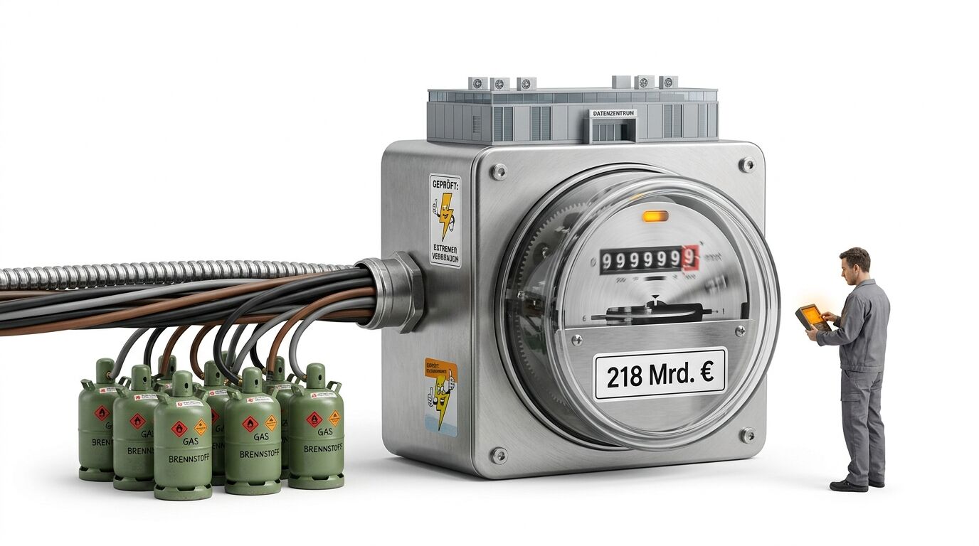 Symbolbild zum Energieverbrauch von Rechenzentren: Stromzähler, Gasflaschen und Datacenter-Modell