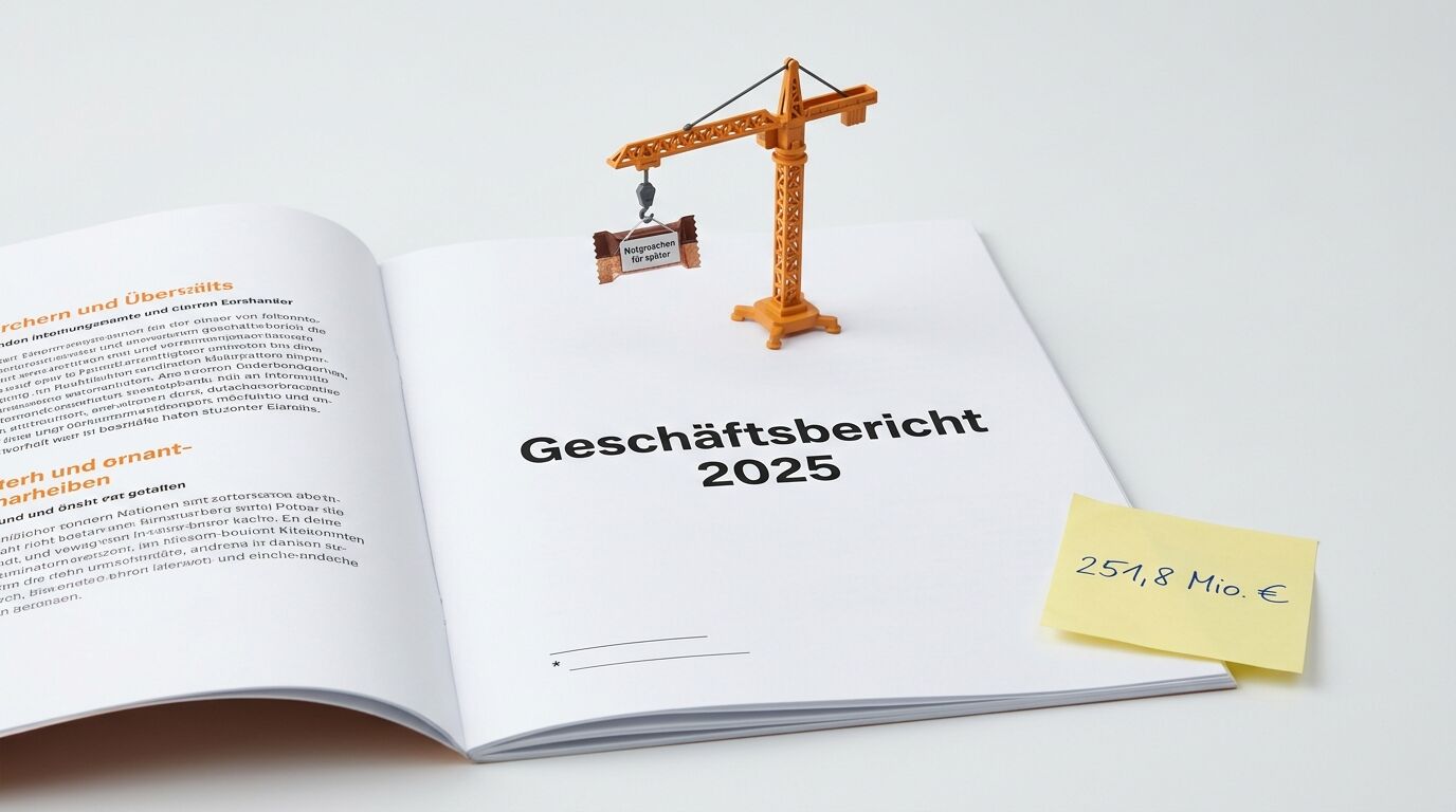 Geschäftsbericht 2025 mit Spielzeugkran, Schokoriegel und Notiz über 251,8 Mio. €