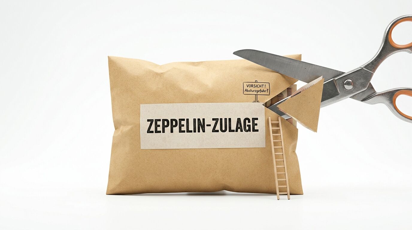 Schere beschneidet braune „Zeppelin-Zulage“-Versandtasche vor weißem Hintergrund
