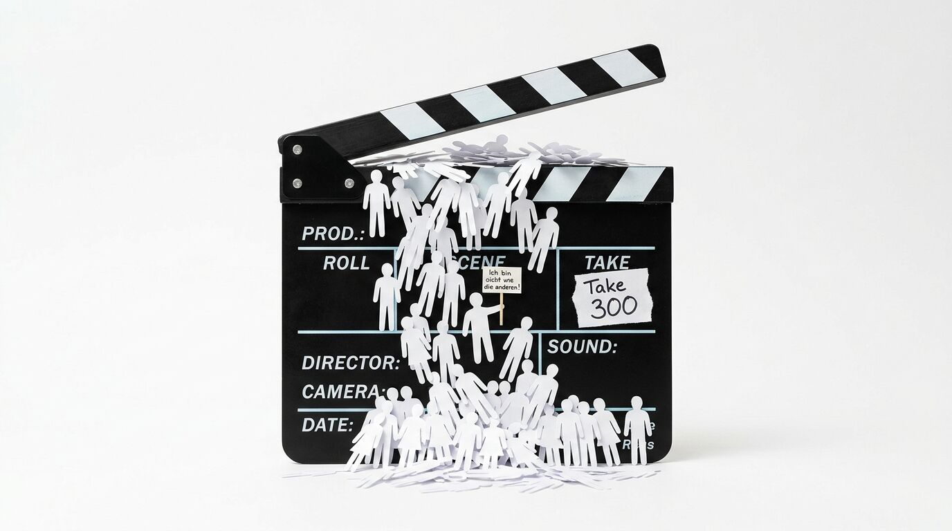 Filmklappe auf weißem Hintergrund, aus der Papiermännchen strömen
