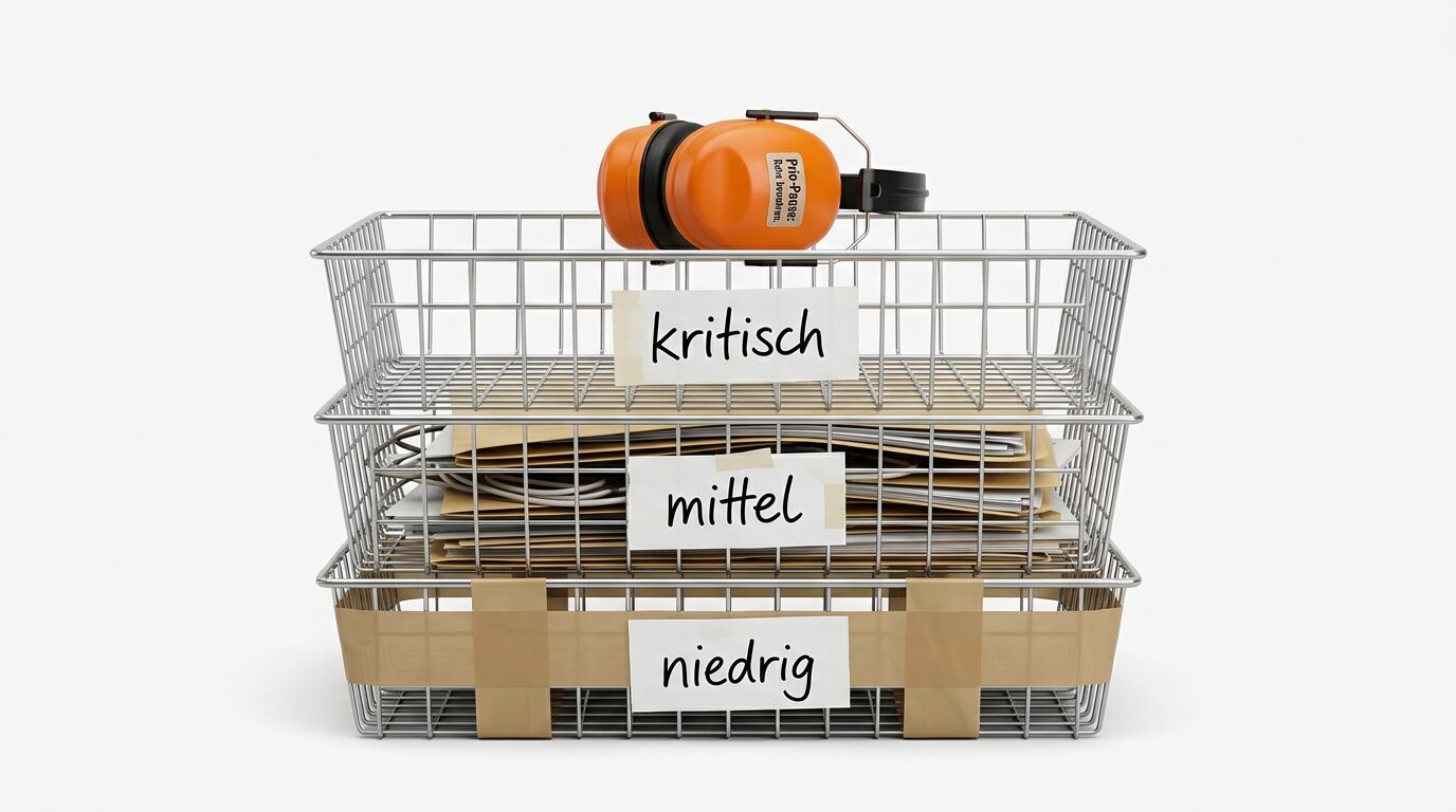 Beschriftete Metallkörbe stapeln sich; orangefarbener Kopfhörer oben