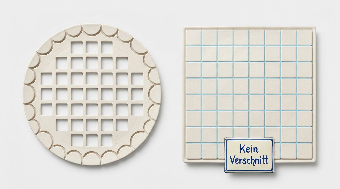 Zwei helle Fliesen, links rund mit Löchern, rechts quadratisch mit Schild 