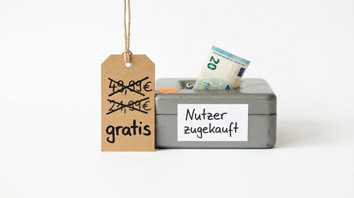 Geldkassette mit Geldschein, daneben Preisschild mit Aufschrift „gratis“ vor weißem Hintergrund