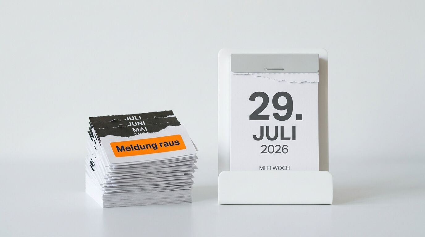 Tischkalender im Halter, daneben Papierstapel mit Notiz 