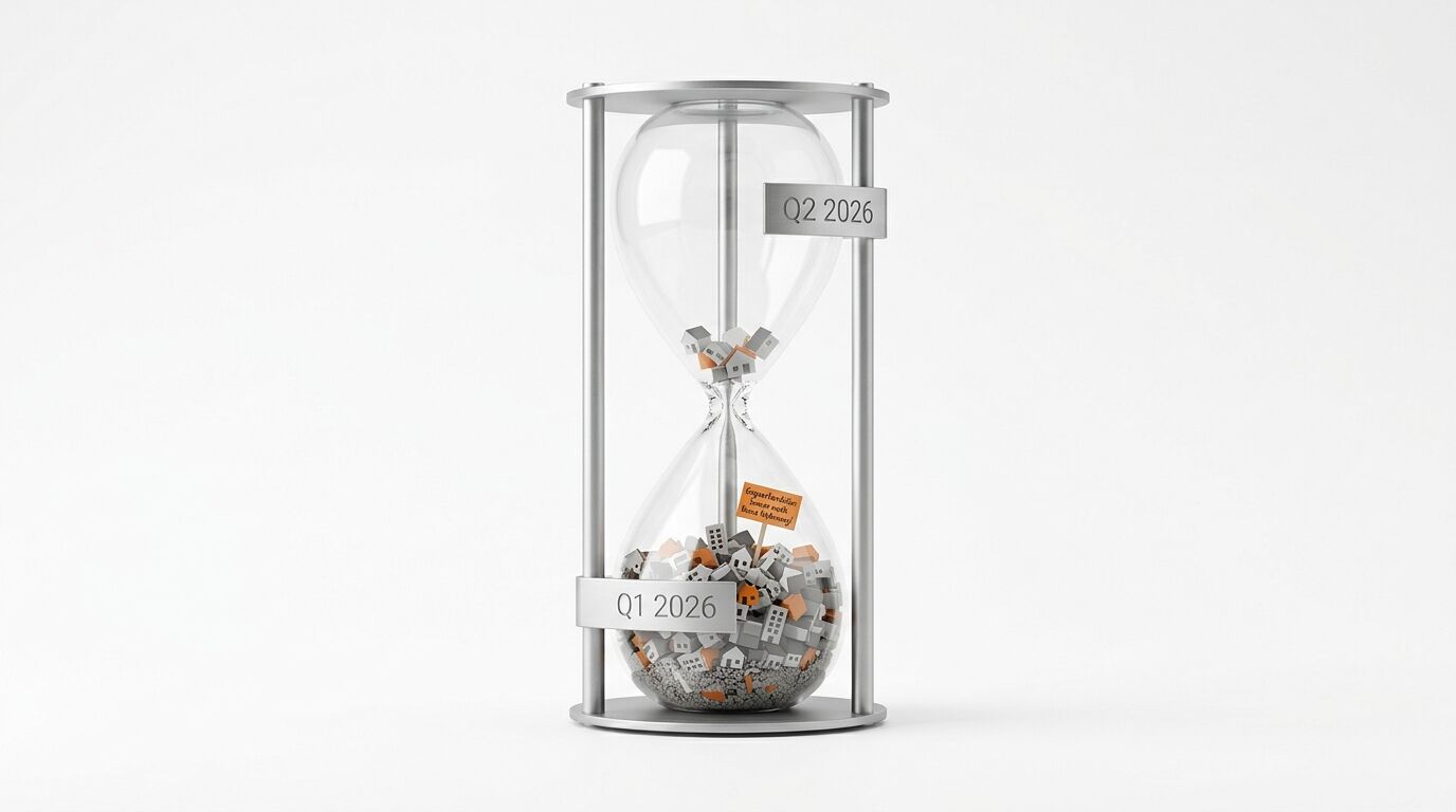 Sanduhr mit Häusern und Beschriftung Q1 2026/Q2 2026