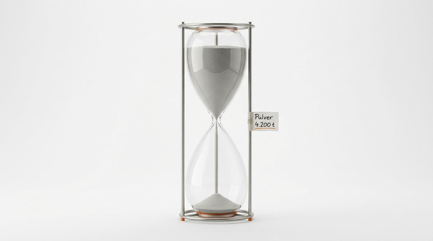 Eine Sanduhr mit grauem Pulver, befestigt an einem Etikett mit der Aufschrift „Pulver 4.200t“