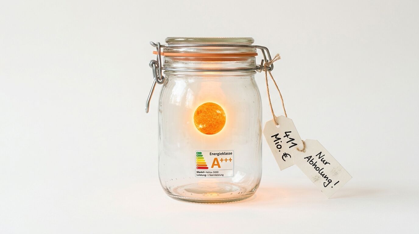 Ein Einmachglas mit einer glühenden Kugel, einem EU-Energielabel und Preisschildern