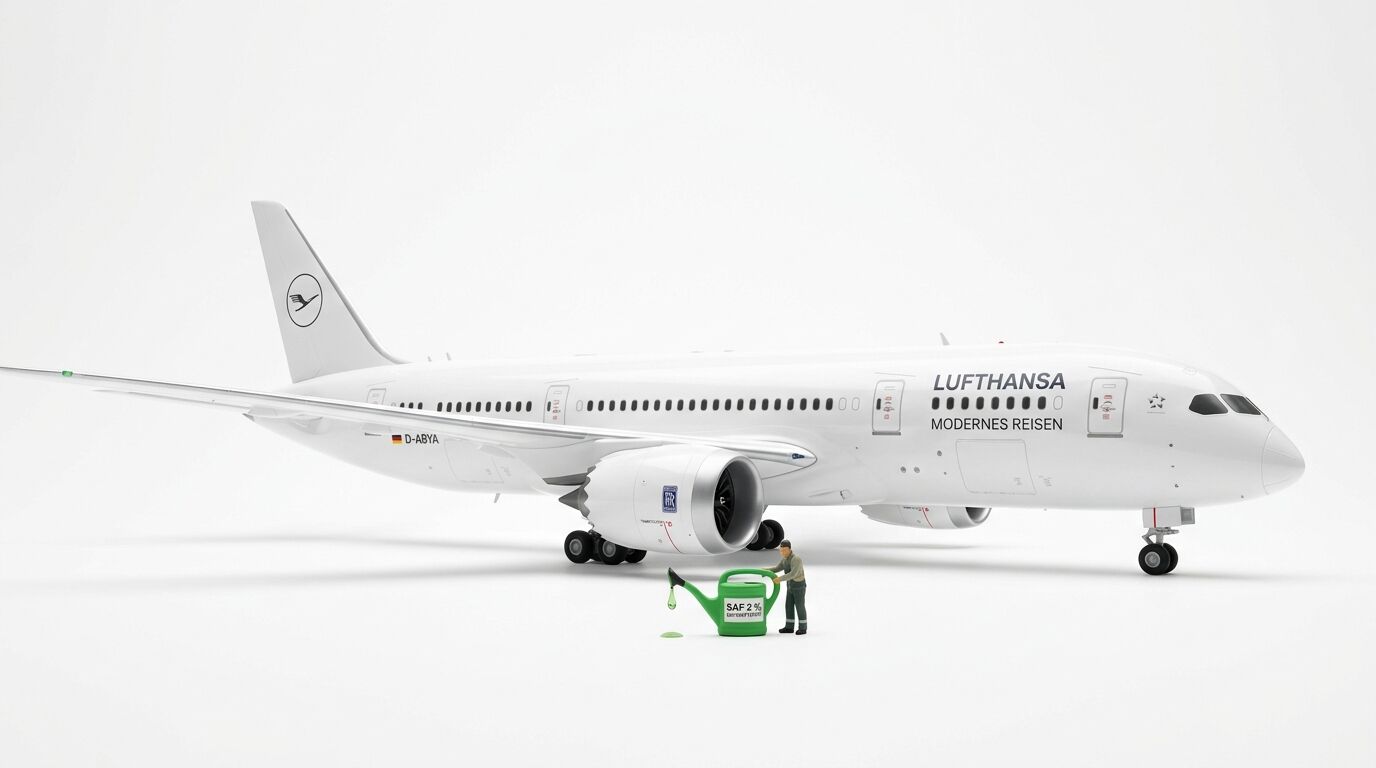 Lufthansa-Modellflugzeug mit Miniaturfigur und grünem Benzinkanister, beschriftet mit „SAF“