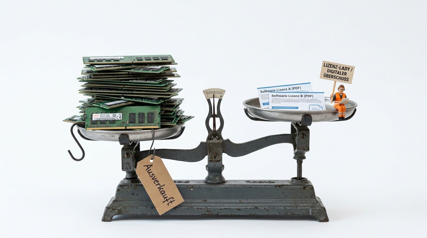 Waage vergleicht RAM-Stapel mit Software-Lizenzen und kleiner Figur mit Schild