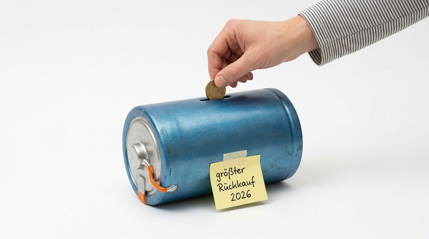 Hand wirft Geld in blaue Batteriedose mit Notizzettel „größter Rückkauf 2026“
