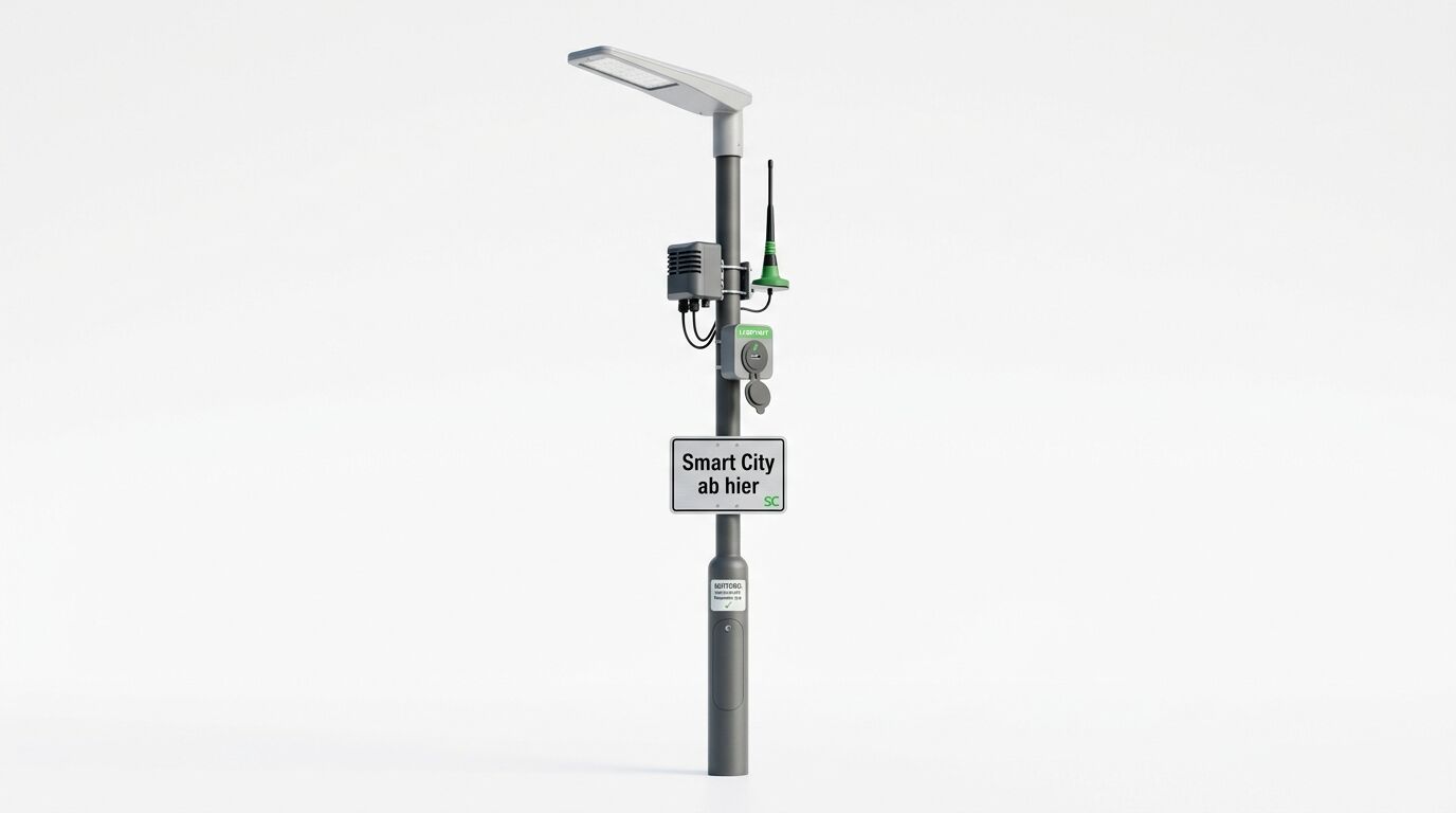 Eine moderne Laterne mit Sensoren und dem Schild „Smart City ab hier“ vor weißem Grund