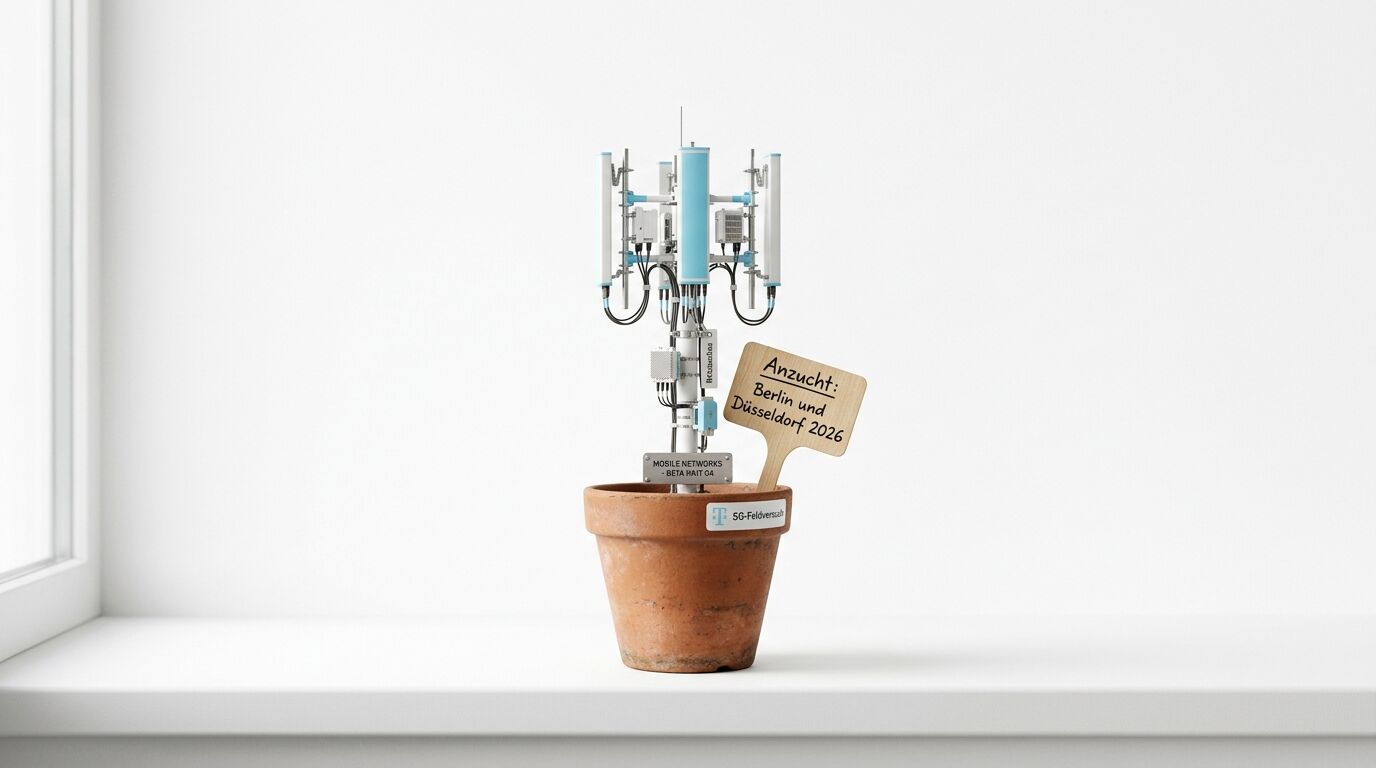 Ein Miniatur-Mobilfunkmast steckt in einem Tontopf auf einem weißen Fenstersims