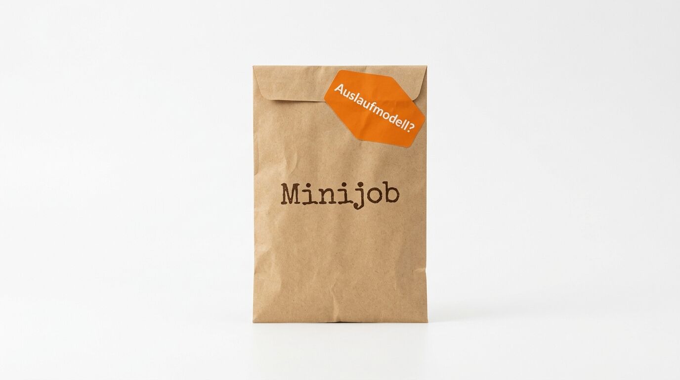 Tüte mit Aufdruck „Minijob“ und orangefarbenem Sticker „Auslaufmodell?“ auf weißem Grund