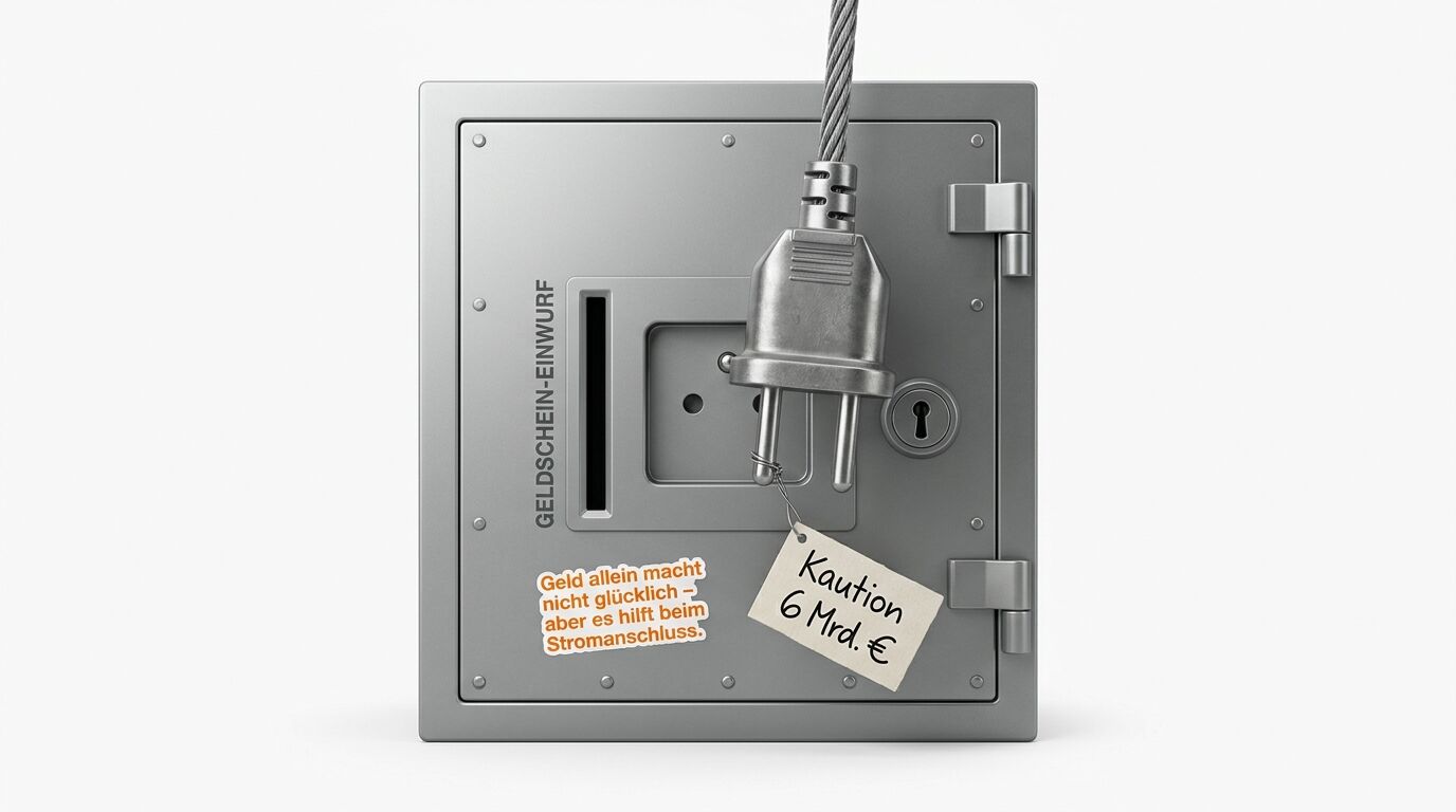 Ein Safe mit Geldschein-Einwurf und Stromstecker. Aufkleber: 