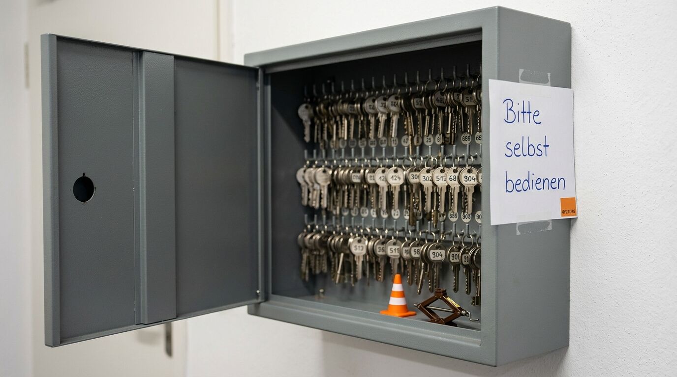 Geöffneter grauer Schlüsselkasten mit vielen nummerierten Schlüsseln, einem Schild, Leitkegel und Scherenheber