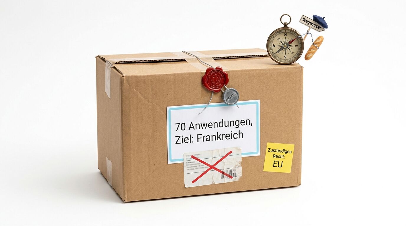 Paket mit Frankreich-Ziel, EU-Recht-Sticker, Kompass, Baguette und Barett-Pin