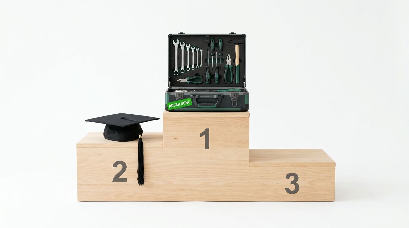 Werkzeugkoffer auf Podest Platz 1 (mit „AUSBILDUNG“-Sticker), Doktorhut auf Platz 2