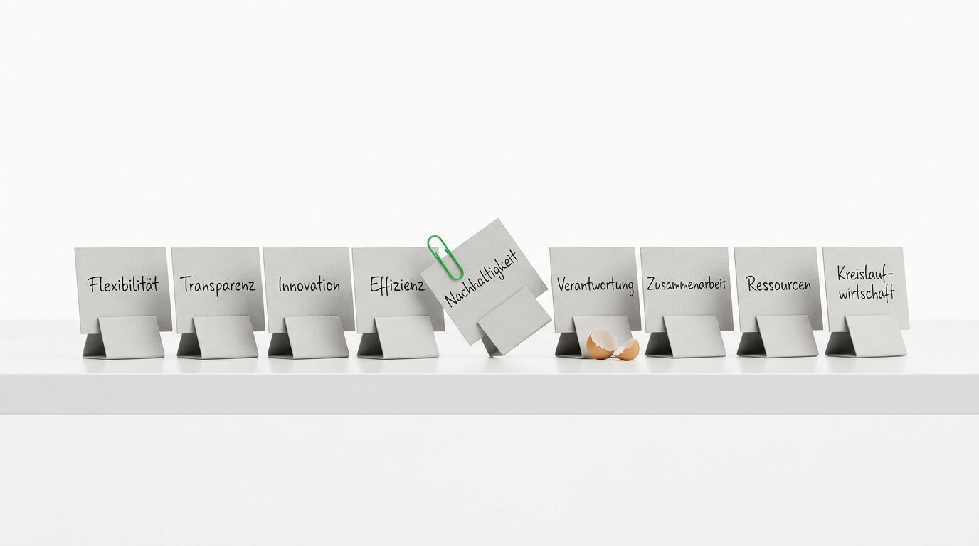 Neun beschriftete Kärtchen auf Sockeln, eine Eierschale, ein Kärtchen umgefallen