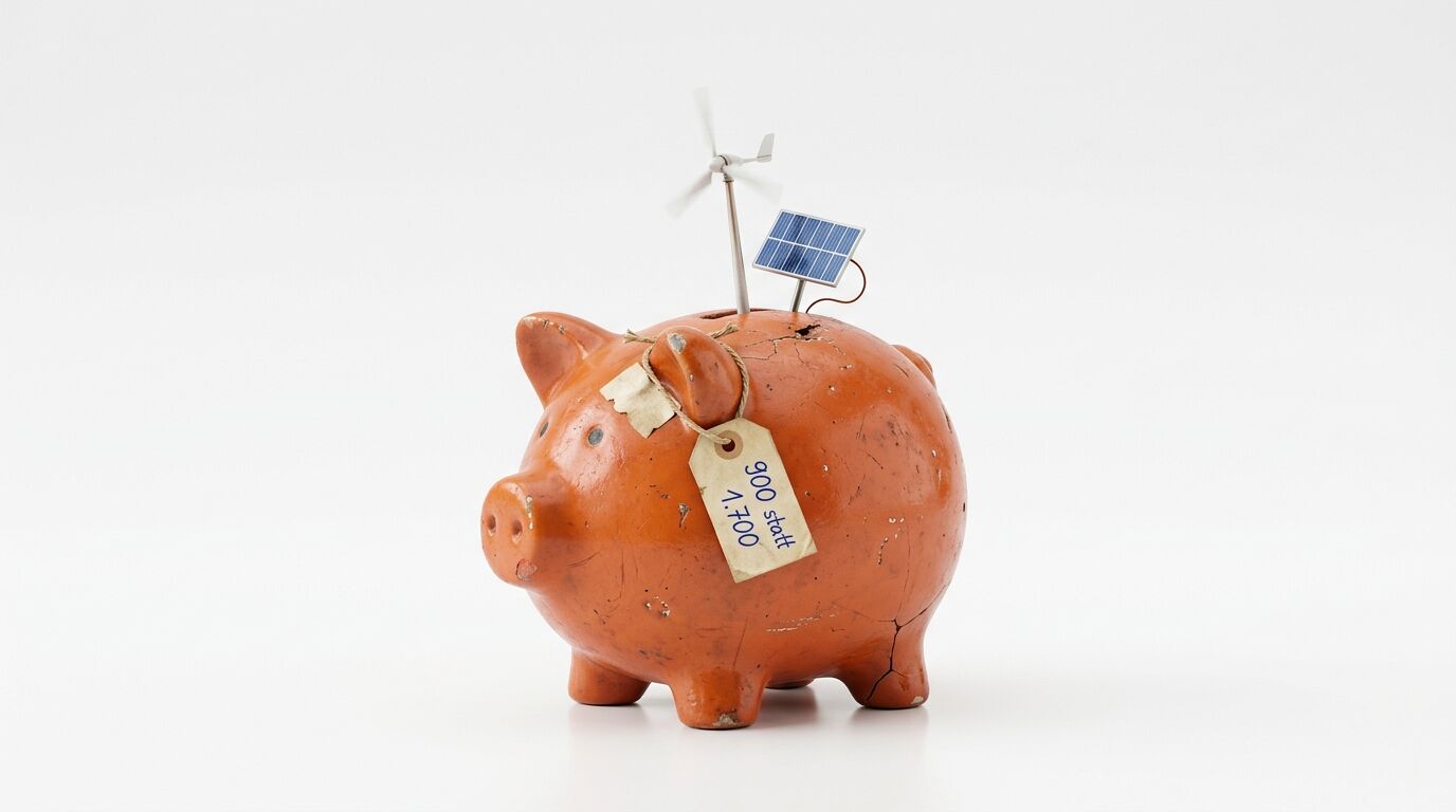 Oranges Sparschwein mit Windrad, Solarpanel und Anhänger