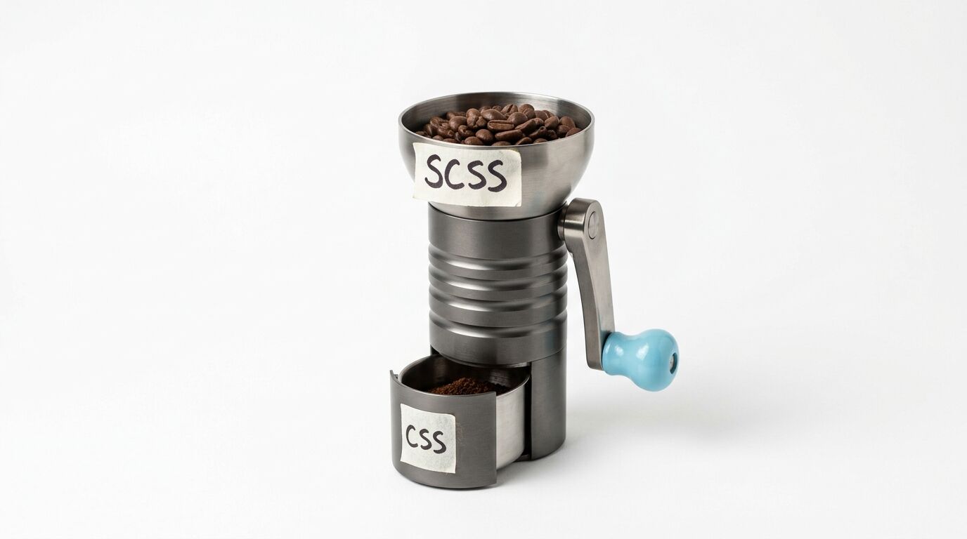 Kaffeemühle mit Bohnen und SCSS-Label oben, Kaffeepulver und CSS-Label unten