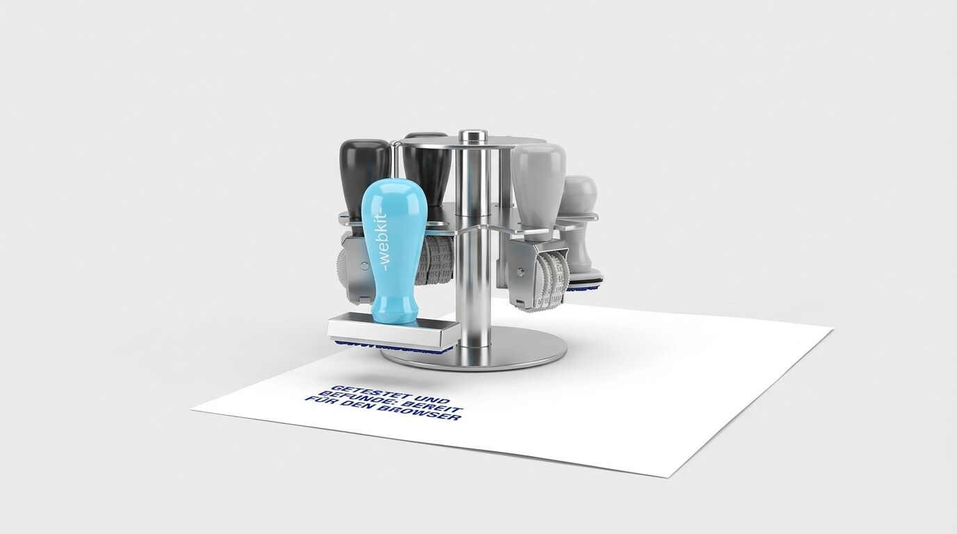 Ein Stempelkarussell mit einem Webkit-Stempel auf einem Blatt Papier mit blauem Aufdruck