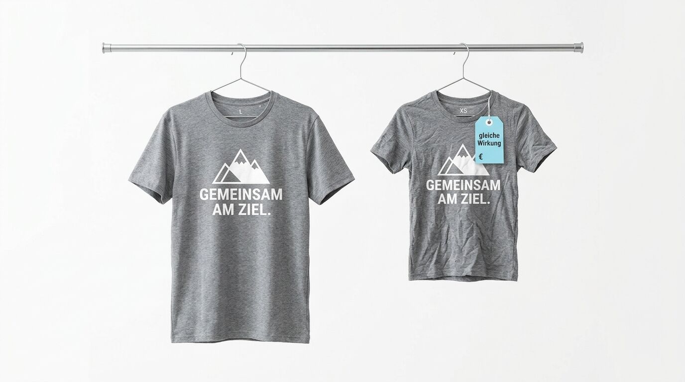 Zwei graue Shirts am Kleiderbügel: Großes (L) links und kleines (XS) mit Etikett rechts