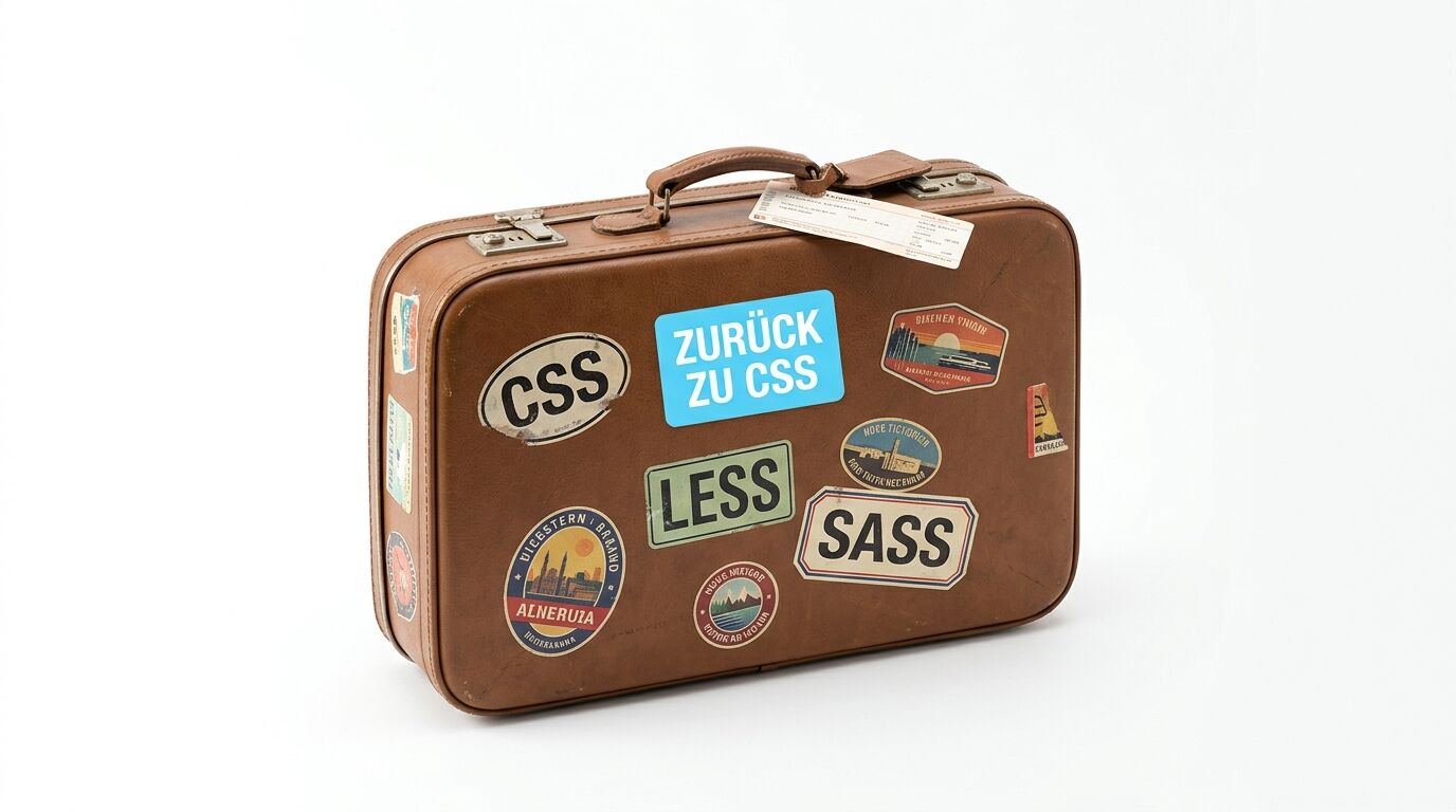 Ein brauner Lederkoffer mit Aufklebern, darunter „ZURÜCK ZU CSS“, vor weißem Hintergrund