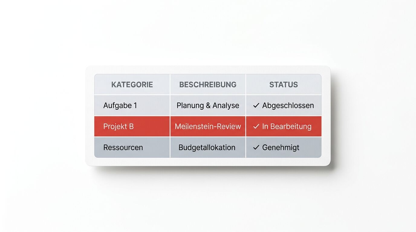 3x3 Tabelle mit Kategorie, Beschreibung, Status. Rote Zeile in der Mitte
