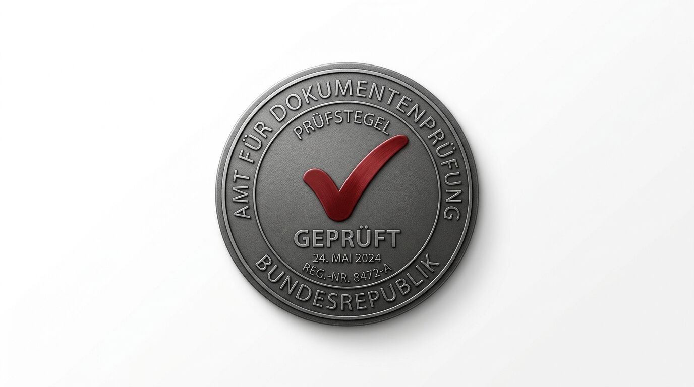 Metallplakette „Amt für Dokumentenprüfung – Geprüft“ mit rotem Haken und Datum, Bundesrepublik