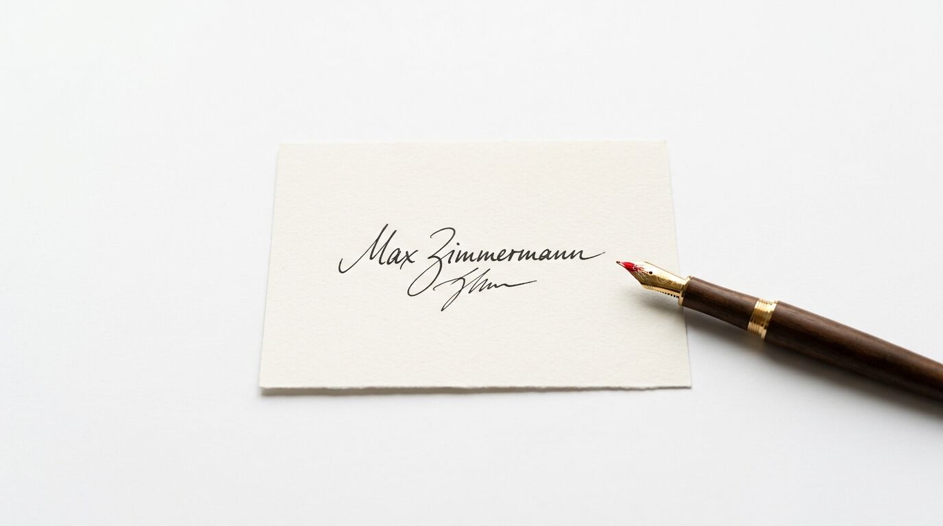 Helle Karte mit der Unterschrift Max Zimmermann, daneben ein Holzfüllfederhalter