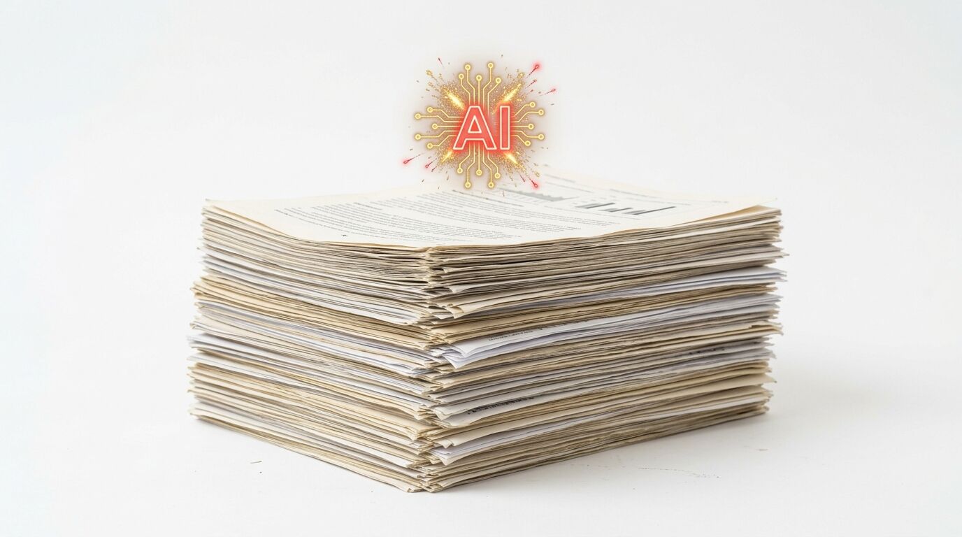 Hoher Papierstapel auf Weiß mit leuchtendem KI-Platinen-Logo darüber
